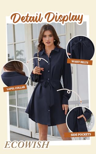 ECOWISH Womens Button Shirt Dress with Pockets Fall Summer Short Mini Dresses Long Sleeve 3/4 Sleeve Long Tunics Blouse Belt4