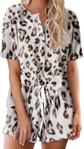 Image of Ekouaer Pajamas Set for Women Short Sleeve Lounge Set 2 Piece Loungewear PJs Soft Cute Lightweight Sleepwear