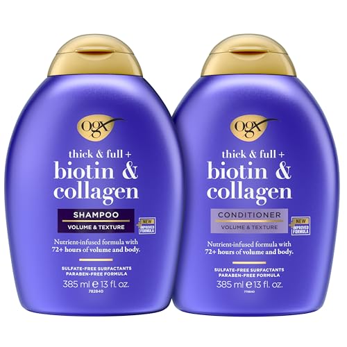 OGX Thick & Full + Biotin and Collagen for Hair Volume & Body, Sulfate Free Volumizing Shampoo & Conditioner Set for Fine & Thinning Hair, Nutrient-Infused, Vitamin B7, 13 fl oz, 2 Pack