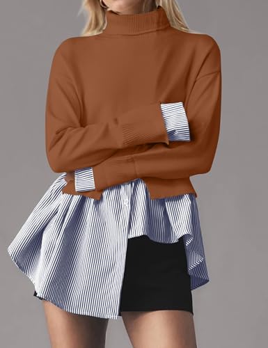 Image of Women Asymmetrical Patchwork Sweaters Slit Turtleneck Pullover Sweater Dress 2 in 1 Sweater Shirt Tunic Sweater Tops