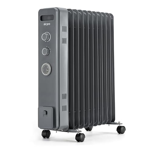 Air Pro Oil Filled Radiator 2500W with Thermostat & 24h Timer 11 Fin Portable Electric Heater 3 Heat Settings Overheat & Tip-Over Protection Quiet for Home Office and Any Room Radiator on Wheels