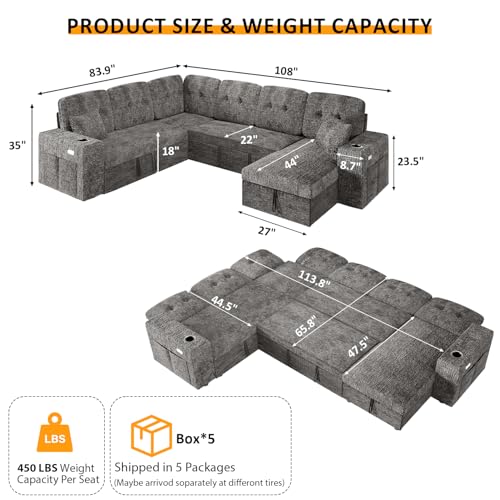 Image of Modular Sectional Sleeper Sofa with Pull Out Bed, 108 Inch U Shaped 7 Seat Couches for Living Room, Chenille Fabric Cloud Couch Bed with Storage & Reclining Backrest, USB Charging, Grey
