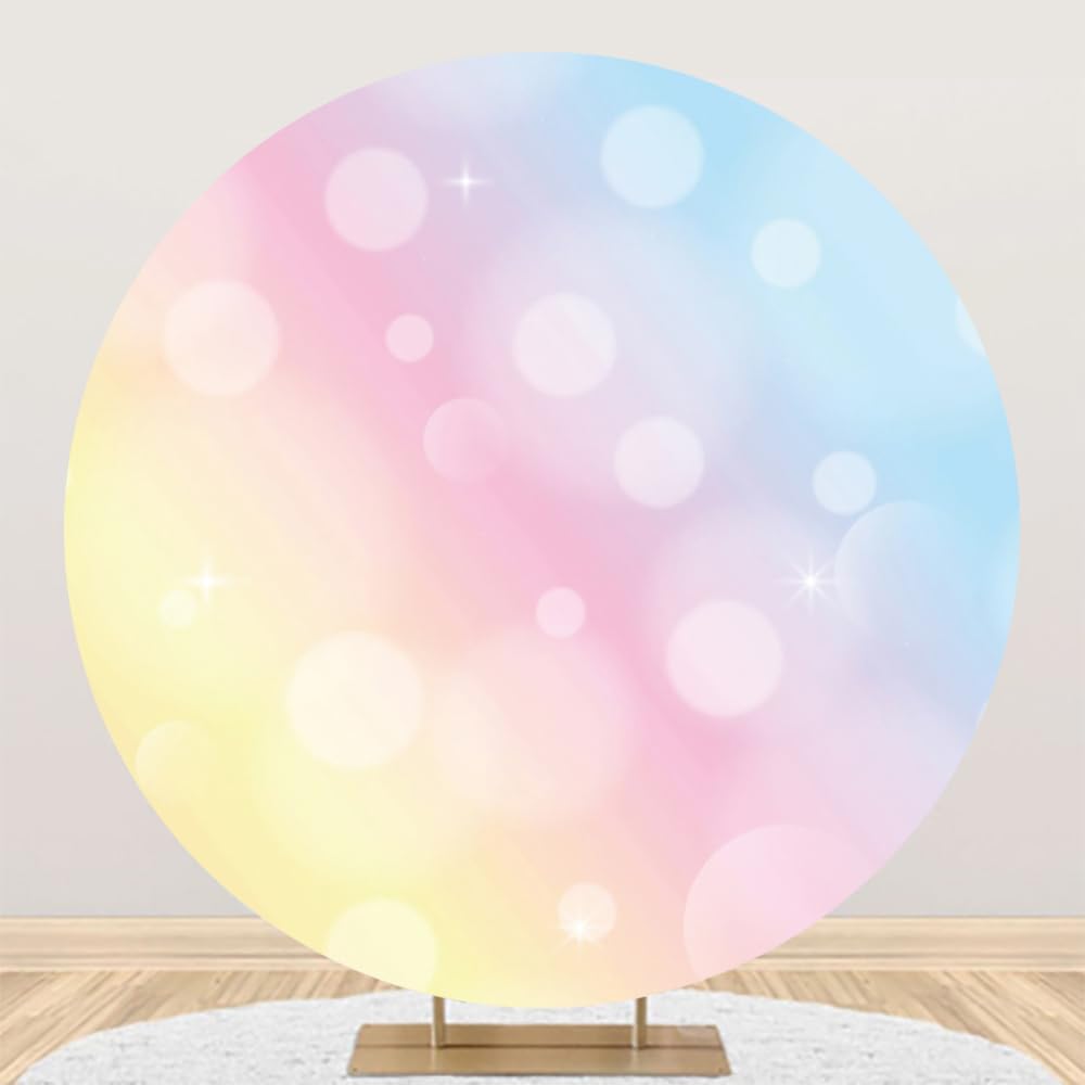 Renaiss 7.2x7.2ft Gradient Color Round Backdrop Cover for Photoshoot Kids Girls Portrait Sparkle Bokeh Yellow Pink Blue Photography Background Baby