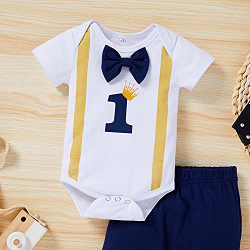 Baby Boy 1St Crown Birthday Shorts Set Infant Boy Gentleman Bow Tie Romper + One Shorts Cake Smash Outfits Blue #TOP2