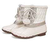 Pangolin Schneestiefel Damen & Mädchen, Gefütterte Winterstiefel im Duck-Boot-Design, Steppschaft mit Glitzer-Details, Kunstfellkragen, Schnürung mit Pompons Off-White 34 EU