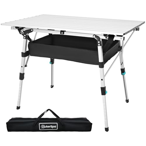 OuterSpa camping table Mesa de Camping Plegable de Aluminio Ligera con Patas Ajustables, Mesa Rectangular para Exterior