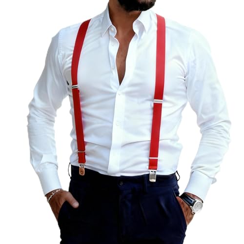 Image of Suspenders for Men and Women Adjustable Elastic 1 inch Wide Leather Heavy Pants Strong Metal Clips Suspender Costume