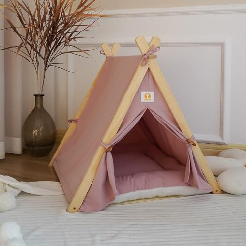 Solid Wood Cat Indoor Tent with Thick Mat,Portable Dog House Dog Teepee Tent,Cute Cat Teepee Cave Cat Bed,Dog Bed (Pink, M) - Image 5