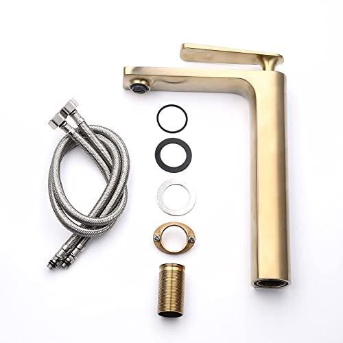 Vessel Sink Faucet And Drain Combo Brushed Gold, Newrain Tall Bathroom Vessel Faucet Single Handle One Hole Lavatory Sink Bowl Mixer Tap With Pop Up Drain Without Overflow #TOP6