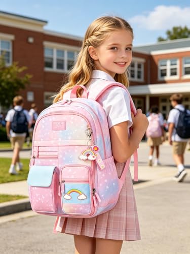 Image of Girls Backpack, School Backpacks Rainbow,Kawaii Kids Backpack,Book Bag for Elementary Primary School With Pen Bag