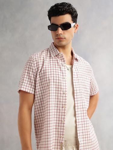 Image of Thomas Scott Men's | Checks | Half Sleeve | Slim Fit | Linen Blend | Spread Collar | Casual Shirt