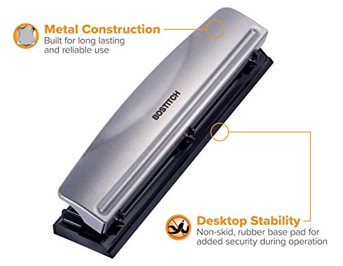 Bostitch Office Premium 3-Hole Punch, 12 Sheets, Metal, Easy-Clean Tray, Silver, 2-Pack