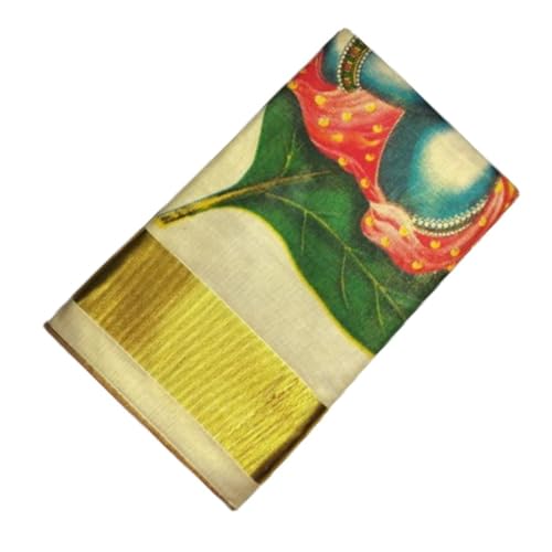 Image of Women's Kerala Kasavu Golden Gold Tissue Saree with Running Blouse Piece | Kerala Onam Saree with Tissue Mural Painted (Saree 5.5 meter, Blouse Piece 0.8 meter)