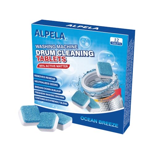 ALPELA Washing Machine Cleaner Descaler | Deep Cleaning Tablets For HE Front & Top Load Washer, Septic Safe Eco-Friendly Deodorizer, Clean Inside Drum and Laundry Tub Seal (Ocean Breeze - 12 Count)