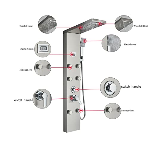 Columna de ducha con panel de masaje, sistema de ducha lluvia y cascada, acero inoxidable miniatura 5