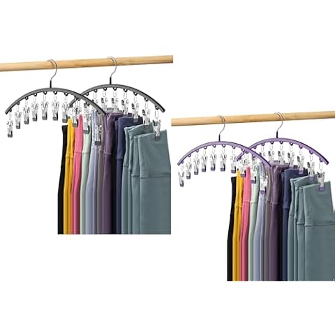 Legging Organizer for Closet, Metal Yoga Pants Hangers 4 Pack w/10 Clips Holds 20 Leggings, Space Saving Hanging Closet Organizer w/Rubber Coated Closet Organizers and Storage, Black+Purple Cover