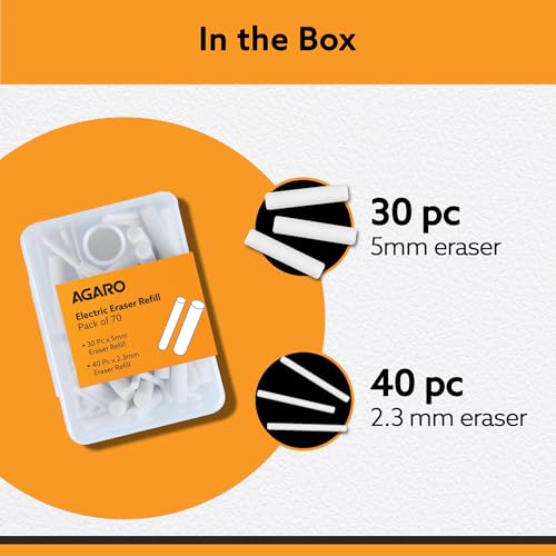 Image of AGARO Electric Eraser Refill Pack of 70, 2.3mm & 5mm Eraser, Sketching, Drawing, Portrait Shading