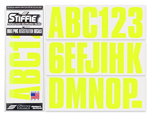 Image of STIFFIE Uniline Day Glow Yellow 3 inch Boat & PWC Registration Decals • Numbers Letters Stickers