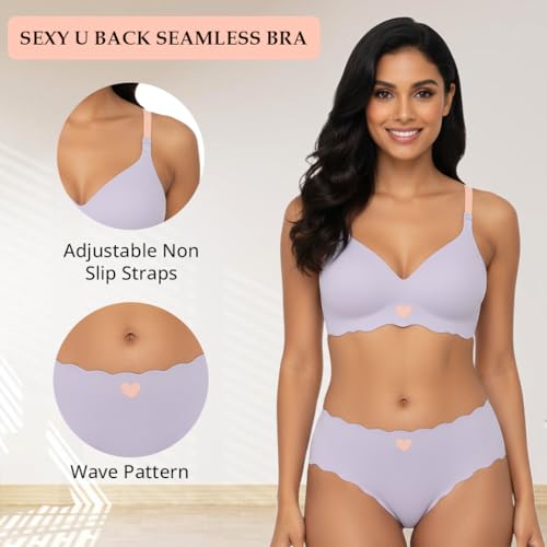 Image of Women Bra Panty Set Soft Natural Support Seamless Backless Summer Bra Panties Set | Adjustable Straps and Heart Design Lingerie Set | Women's Suit Push-Ups Sports Underwear Bra Set