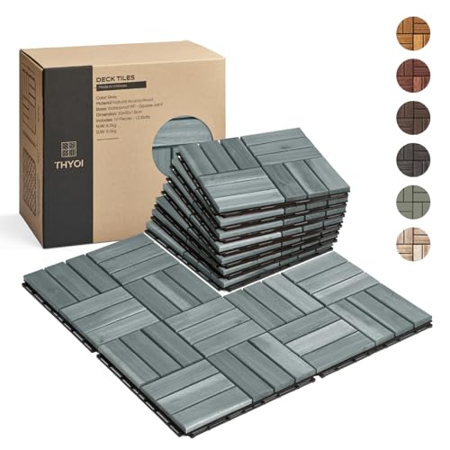 10 Pcs Interlocking Acacia Deck Tiles, 12.1 sq ft, Grey
