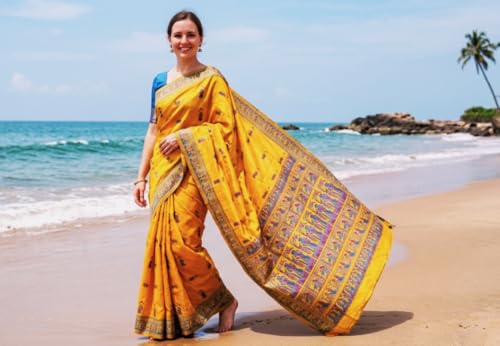 Generic yellow baluchari silk saree in katan silk – image 3