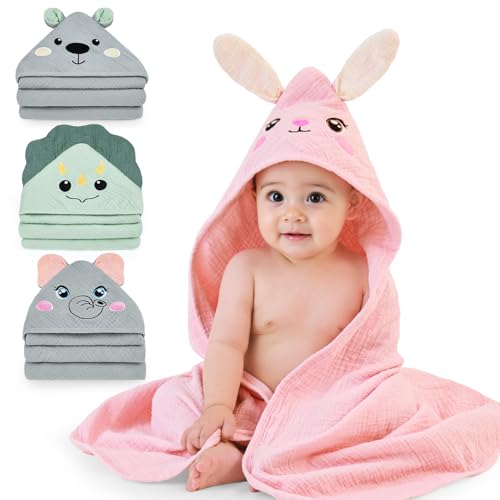 Image of FIOBEE Hooded Baby Towels 100% Muslin Baby Bath Towels for Newborn with Animal Design Ultra-Soft and Absorbent Bath Essentials for Toddler, Unisex Girls Boys 30 x 30 inch, Pink Bunny