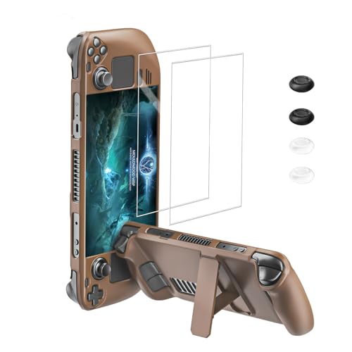 Image of bibuks Steam Deck Case,Steam Deck OLED Protective Case,Non-Slip Skin Protective Shell Accessories with Kickstand ,2 Screen Protector, 4 Thumb Grip (Brown)
