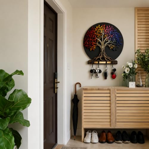 Image of Handcrafted Tree of Life Wooden Key Holder for Wall | Multicolor Decorative Key Rack with 6 Hooks | Stylish MDF Key Organizer for Home Entrance, Living Room, Office & Housewarming Gift