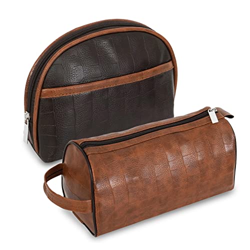 SNDIA 2-Set Toiletry Travel Bags Shaving Kit Makeup Cosmetic Pouch for Men and Women (Him & Her) – Brown