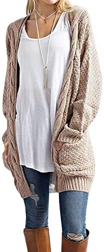 GRECERELLE Women's Loose Open Front Long Sleeve Solid Color Knit Cardigans Sweater Blouses with Packets Khaki-Large