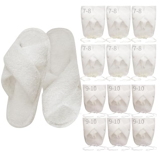 Sophproton 12 Pairs Fuzzy Slippers Wedding Favors Bulk Pack (6 Pairs 7-8 & 6 Pairs 9-10) | Ultra-Soft Plush House Slippers with Cross Band | Non-Slip Indoor/Outdoor Slides for Guests Bridemaids Gift