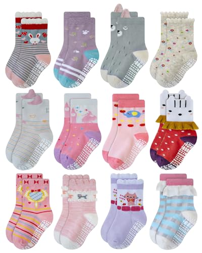 Image of RATIVE Non Skid Anti Slip Cotton Dress Crew Socks With Grips For Baby Infant Toddler Kids Girls