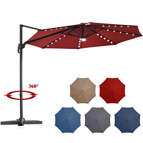 Tangkula 10 ft Solar LED Patio Cantilever Offset Umbrella with 360 Degree Rotation