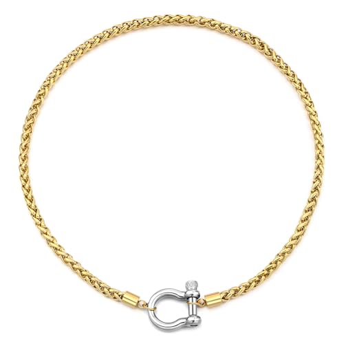 FEEL STYLE Heavy Screw Anchor Shackle Wheat Necklace - 18Inch Stainless Steel Foxtail Wheat Chain Necklace - Screw Anchor Shackle Nautical Sailor Clasp