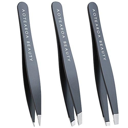 Tweezers for Eyebrows Set of Three- Includes Case with Professional Pointed Needle Nose, Slant & Straight Precision Stainless Steel- Ingrown Hair Nose, Hair Eyebrow & Splinters (Multi) (Black)