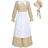 CR ROLECOS Womens Pioneer Dress Yellow Floral Prairie Dresses Pilgrim Colonial Costume Bonnet Apron 3 Pieces Set L