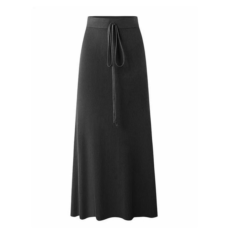 Womens Knit Long Skirts with Side Slit - Ribbed High Waist Stretch Skirt with Drawstring Casual Solid Dresses