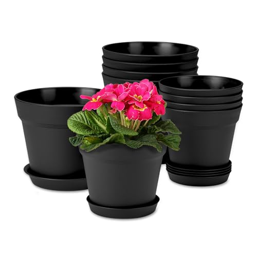 homenote 6/7.5 Inch Plastic Planters with Drainage Holes and Trays (10 Pcs) | Elegant black finish suits pothos, herbs, succulents and flowers for windowsills, balconies, kitchens, patios and offices.