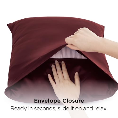 Image of Bedsure Satin Pillowcase for Hair and Skin Standard - Burgundy Silk Pillowcase 2 Pack 20x26 inches - Satin Pillow Cases Set of 2 with Envelope Closure