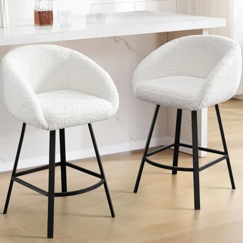 Zesthouse Swivel Counter Height Stools Set of 2, Modern Bar Stools for Kitchen Island, 26'' White Sherpa Kitchen Counter Height Chairs with Barrel Arms & Backs, Upholstered Fabric Bar Chairs