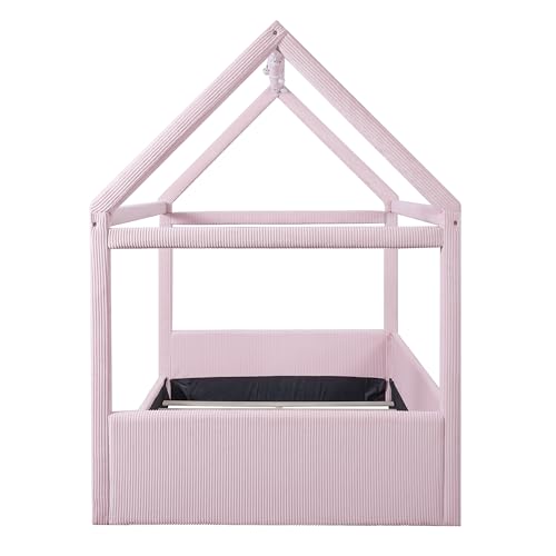 Image of Full Size Cute Corduroy Fabric Upholstered House Daybed with LED Light Strips and Vertical Striped Design, Low Solid Wood Platform Bed with Roof Frame for Kids Teens Girls Boys Bedroom (Pink-01)