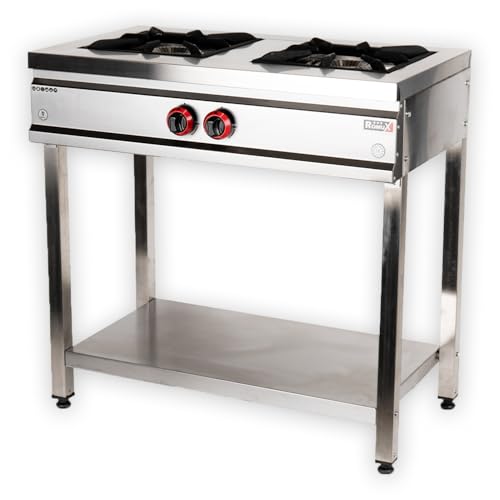Romux® Cocina Industrial a Gas 2 Fuegos de 90x50 cm con Mueble Horizontal de Acero Inox con Regulador de Fuego y Termopar | Hornillo de Gas Butano para Bares y Restaurantes