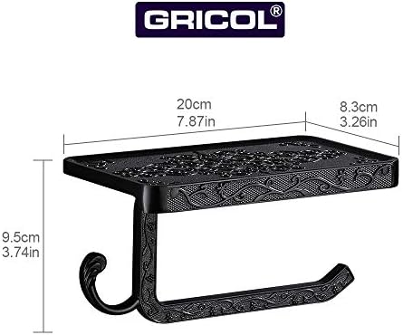 Gricol Toilet Paper Holder with Spacious Shelf Solid Toilet Roll Tissue Holder with Mobile Phone Shelf Wall Mounted for Bathroom Retro Vintage Style (Black)