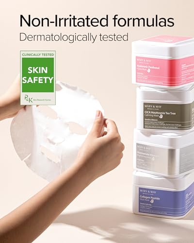Image of Mary&May Hyaluronic Panthenol Daily Sheet Mask, 30 Sheets | Korean hydrating face mask with 6 types of hyaluronic acid, 1,000ppm panthenol & allantoin, pull-out case for dry, dull skin