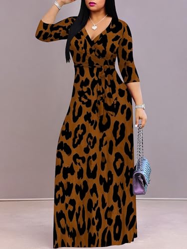 Image of Women Plus Size Long Sleeve V Neck Maxi Dress with Belt | Soft fabric relaxed fit three quarter sleeve v neck with pockets for party and daily wear