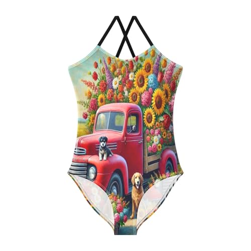Flower Truck Dogs Bathing Suits for Girls Kids Swimsuits Swimwear Summer Beach One Piece Swimsuits