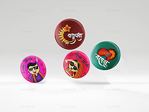 Image of Wedding Badges (props)|Batches for Wedding, Bachelor party, Reception party and Events| Pin Button Badges |Multicolour| Size 58mm