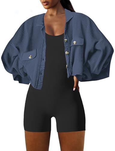 Image of Panadila Women's Cropped Waffle Knit Shacket Short Button Down Jacket Batwing Sleeve Shirts with Pocket