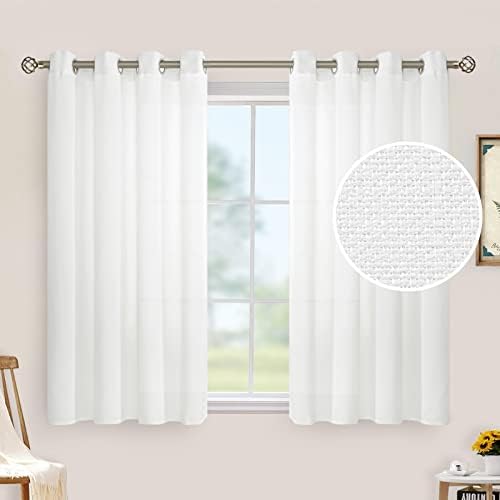 LAMIT Natural Faux Linen Curtains for Bedroom, Light Filtering Panels Grommet Privacy Protected Linen Sheer Curtains for Small Window/Kids' Room, Set of 2 Panels (52 x 45 Inch, White)