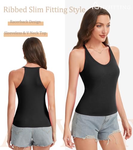 Ribbed Halter Tank Top with Built in Bra V Neck Bra Relaxed Racerback Fitted Basic Camisole Shirt Top for Women Sports Yoga Black - image 4